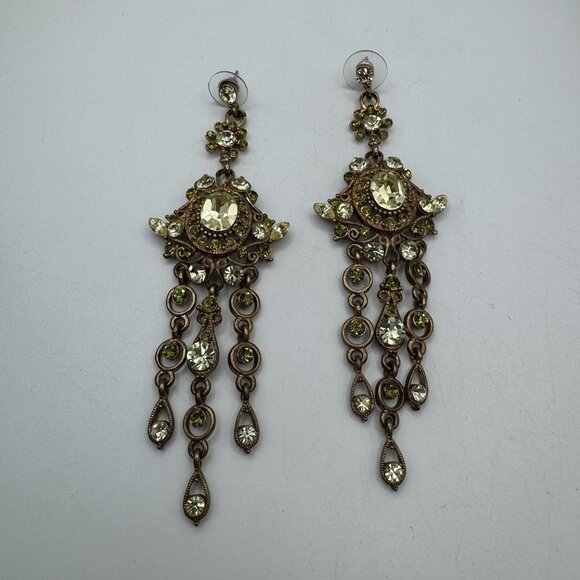 Gorgeous Vintage Dangle Earrings Peridot Rhinestone Pierced Chandelier 4" Long - Picture 1 of 9